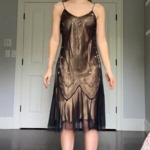 Vintage Black And Gold Beaded Tulle Gold Satin Shimmer Sparkle Midi Dress